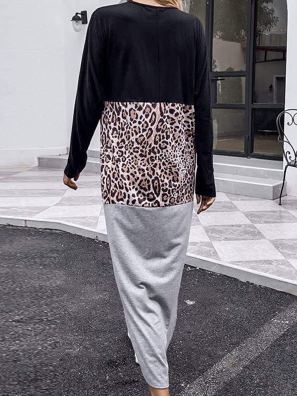 Original Contrast Color Split-Joint Leopard V-Neck Long Sleeves Midi Dress