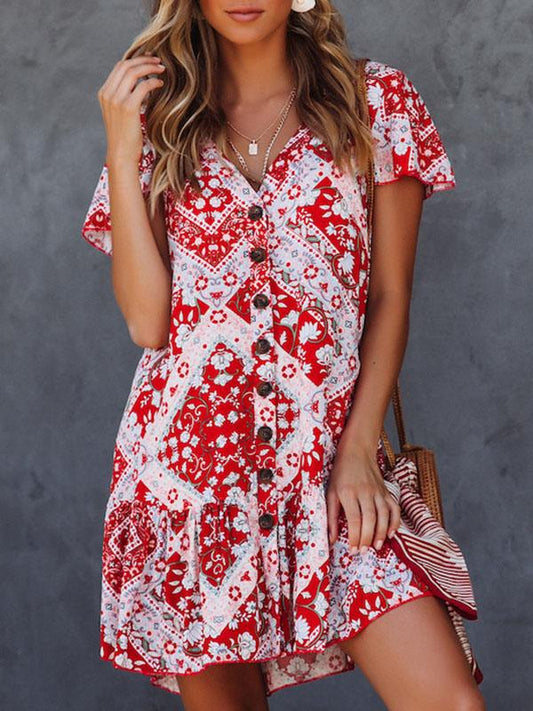 National printed Ruffled V-neck Mini Dresses