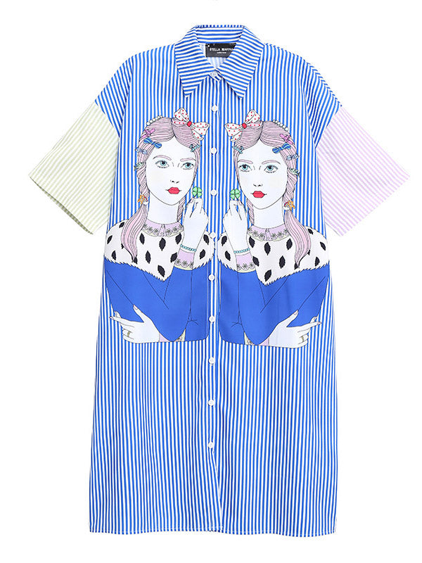 Original Striped Cartoon Portrait Printed Buttoned Lapel Collar Half Sleeves Midi Shirt Dress