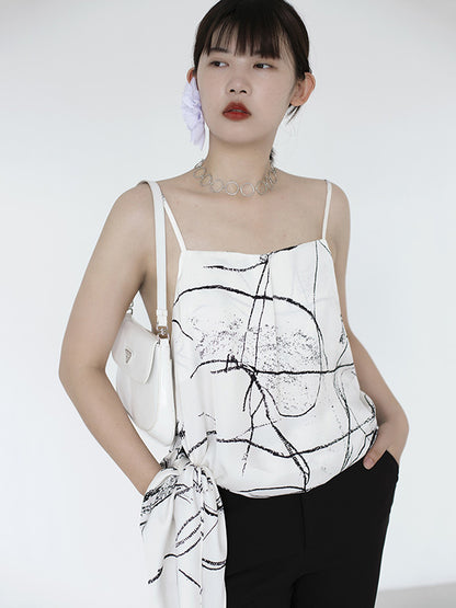 Vintage Printed Asymmetric Spaghetti-Neck Vest Top
