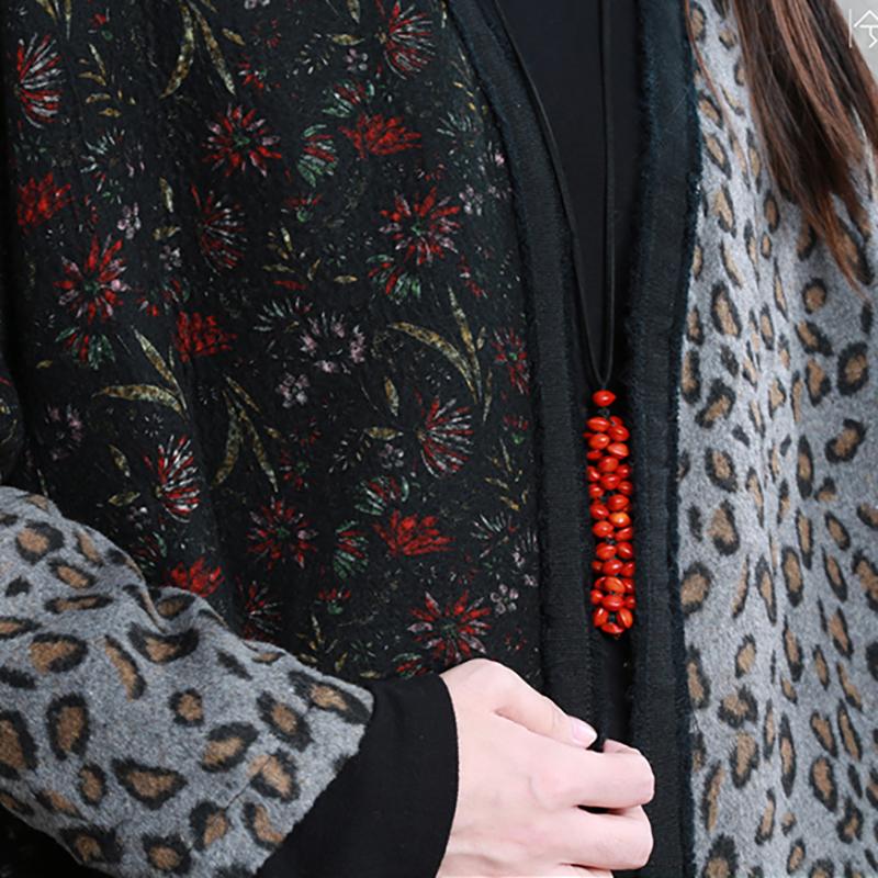 Buykud Loose Literary Printed Warm Thick Long Coat