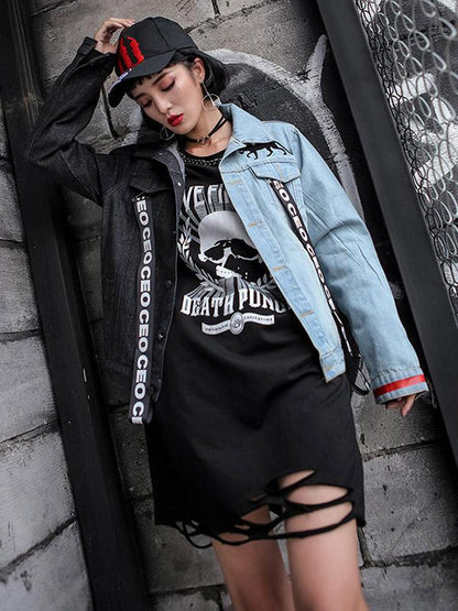 Hip-hop Printed Split-joint Lapel Denim Jacket