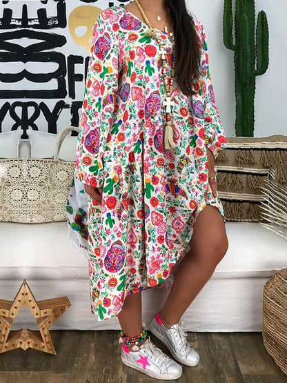 Plus Size Printed Long Sleeve Midi Dress
