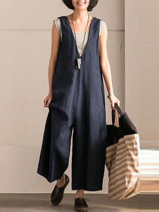 Vintage Solid Color V-neck Jumpsuits