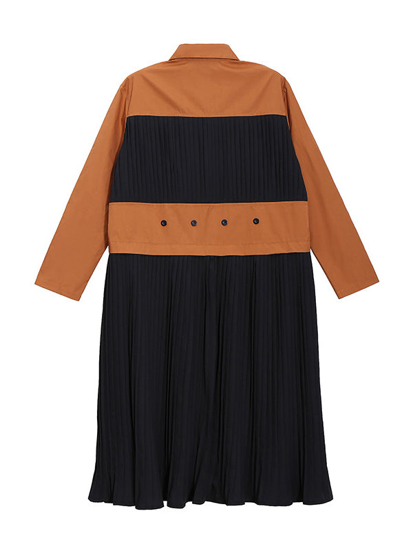Original Pleated Split-Joint With Pocket Buttoned Lapel Collar Long Sleeves Midi Shirt Dress