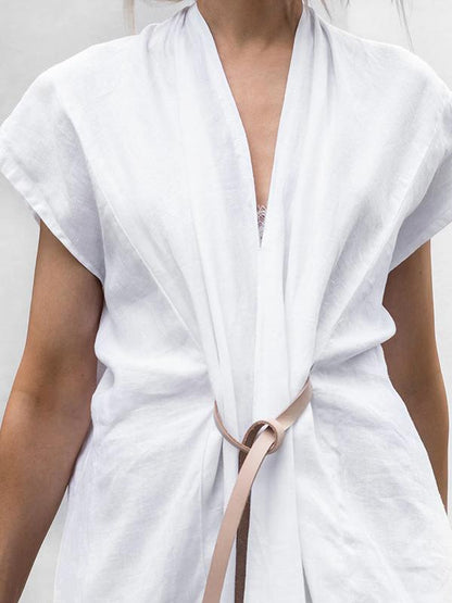 White Lace-up V-neck Simple Linen Dress