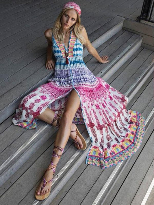 Floral Deep V-neck Split-side Maxi Dress