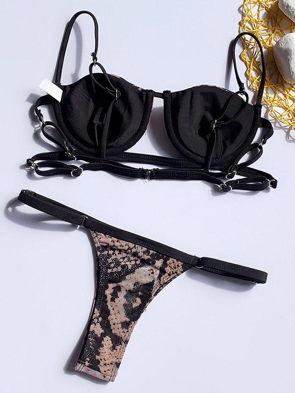 Snake-Print  Hollow Split Bikini Swimsuit