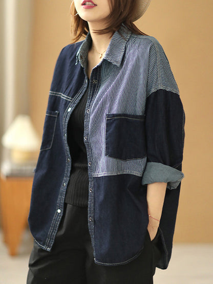 Casual Asymmetric Split-Joint Buttoned Lapel Long Sleeves Blouse Tops