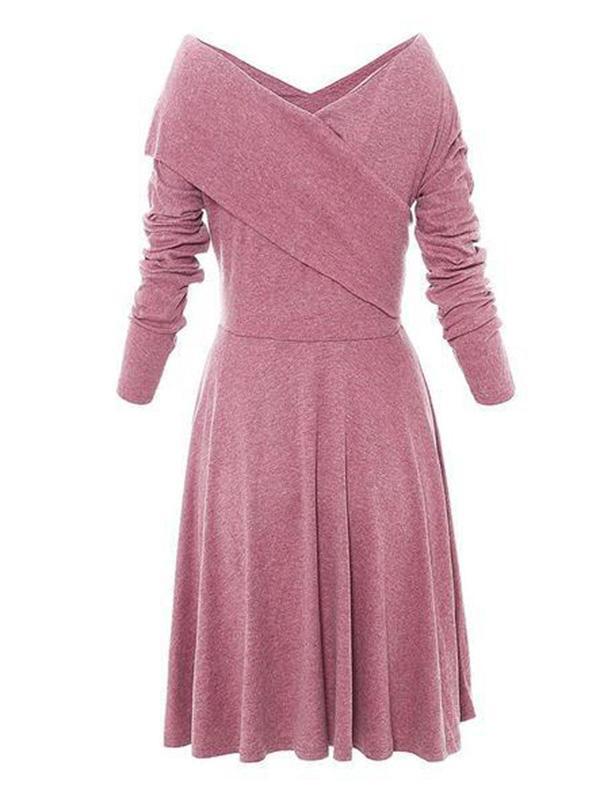 Vintage Solid V-Neck Long Sleeves Midi Dresses