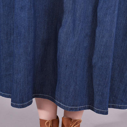 Buykud Solid Color Denim Loose Embroidery V-neck Dress