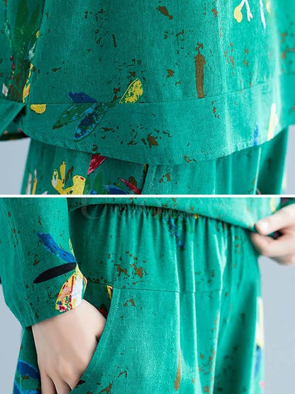 Casual Floral Printed Blouses&Pants Suits