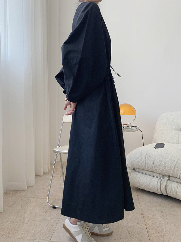 Simple Solid Color Round-Neck Pleated Long Sleeves Midi Dress
