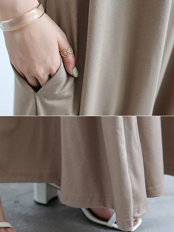 Simple Solid Color Oversized A-Line Round-Neck Short Sleeves Maxi Dress