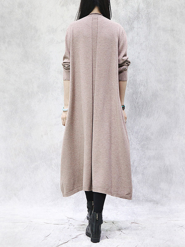 Artistic Retro Solid Color Split-Joint Embroidered High-Neck Long Sleeves Knitted Sweater Dress