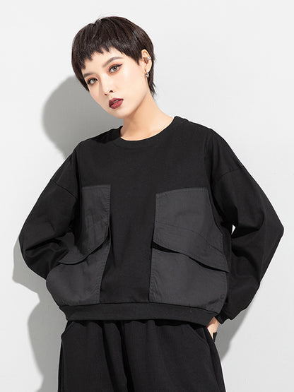 Casual Black Split-Joint Big Pocket Long Sleeves Round-Neck T-Shirt