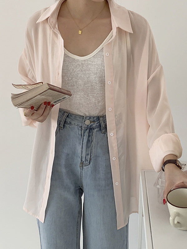 Simple Buttoned Lapel Sun Protection Long Sleeves Blouse Tops