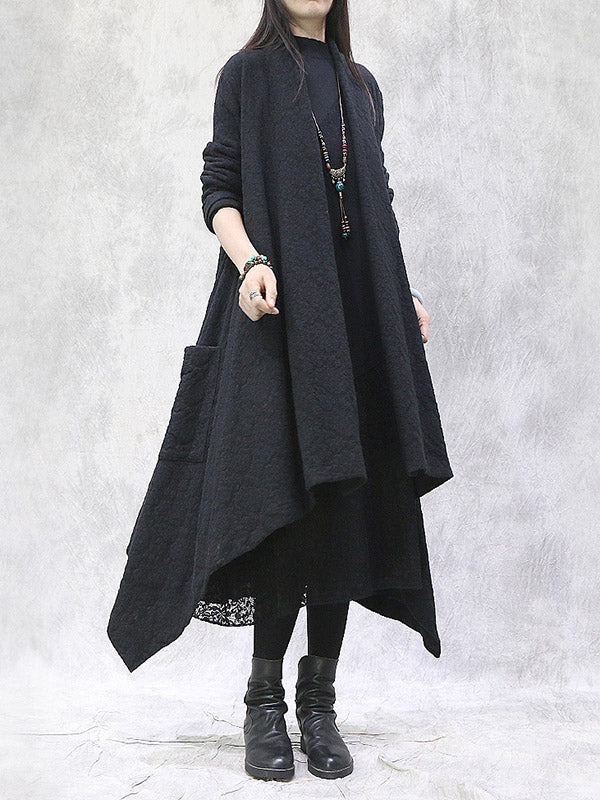 Artistic Retro Irregular Solid Color Split-Joint With Pocket Long Sleeves Cardigan Outwear