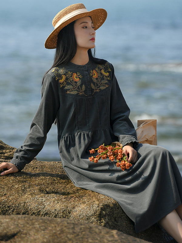 Vintage A-Line Loose Embroidered Stand Collar Midi Dresses