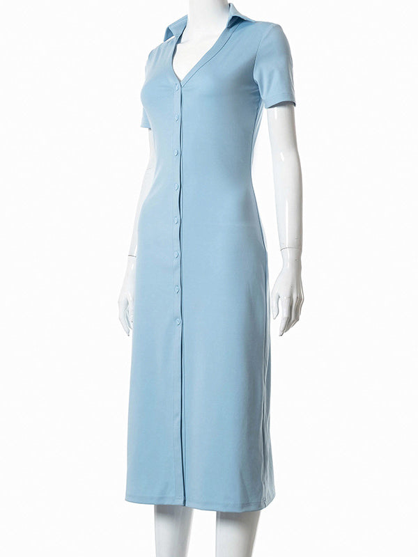 Simple Solid Color Lapel V-Neck Split-Front Midi Dress