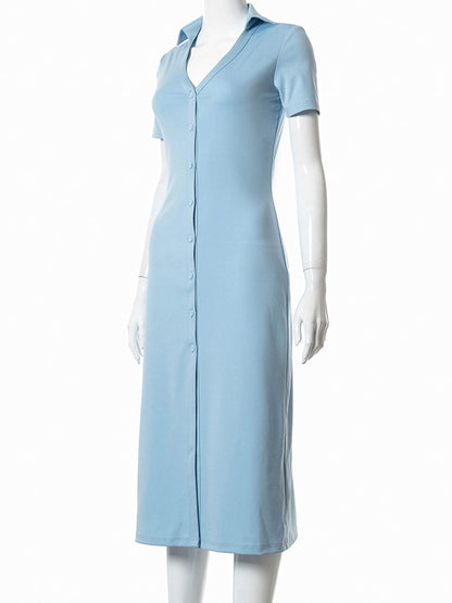 Simple Solid Color Lapel V-Neck Split-Front Midi Dress
