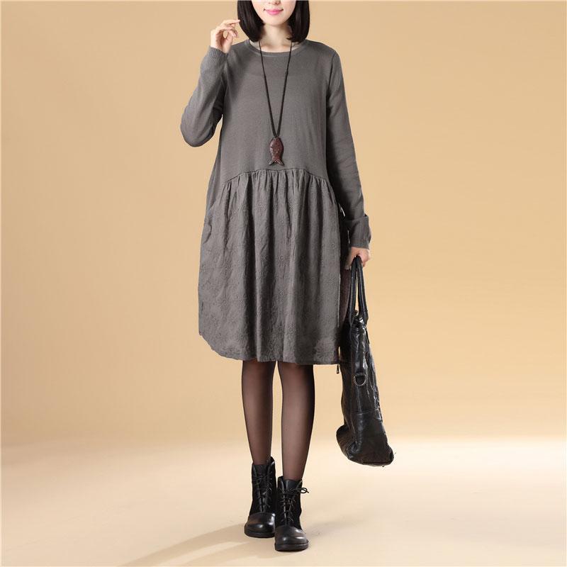 Embroidered Women Long Sleeve Folded Splicing Gray Sweater Dress