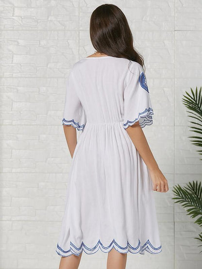 Bohemia Embroidered Hollow  Lace-trimmed Cotton Midi Dress