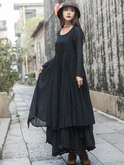 Cotton Solid Split-joint Ramie Cotton Big Hemline Long Dress