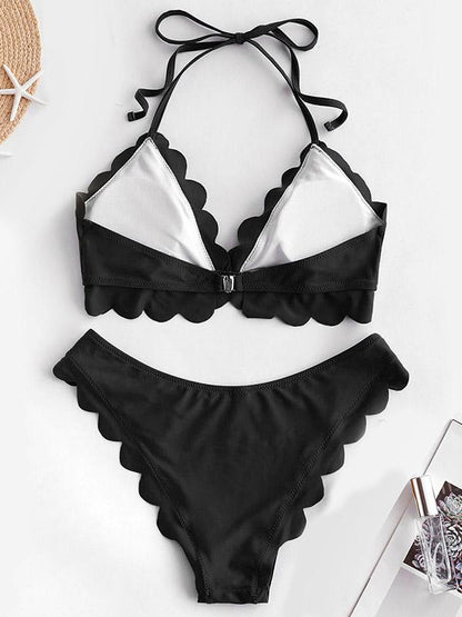 Solid Color Scalloped Bandage  Split Bikini Swimsuit