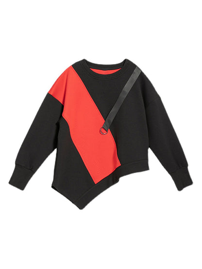 Stylish Black&Red Asymmetric Contrast Color Round-Neck Long Sleeves T-Shirt