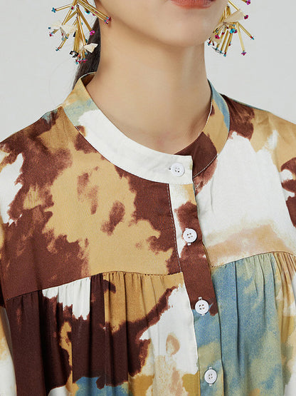 Original Graffiti Contrast Color Tie-Dyed Buttoned Pleated Stand Collar Long Sleeves Maxi Dress