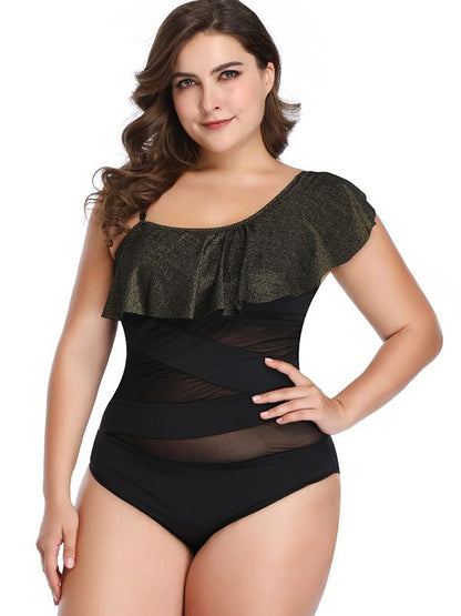 Tulle Hollow Plain Falbala Plus Size Swimwear