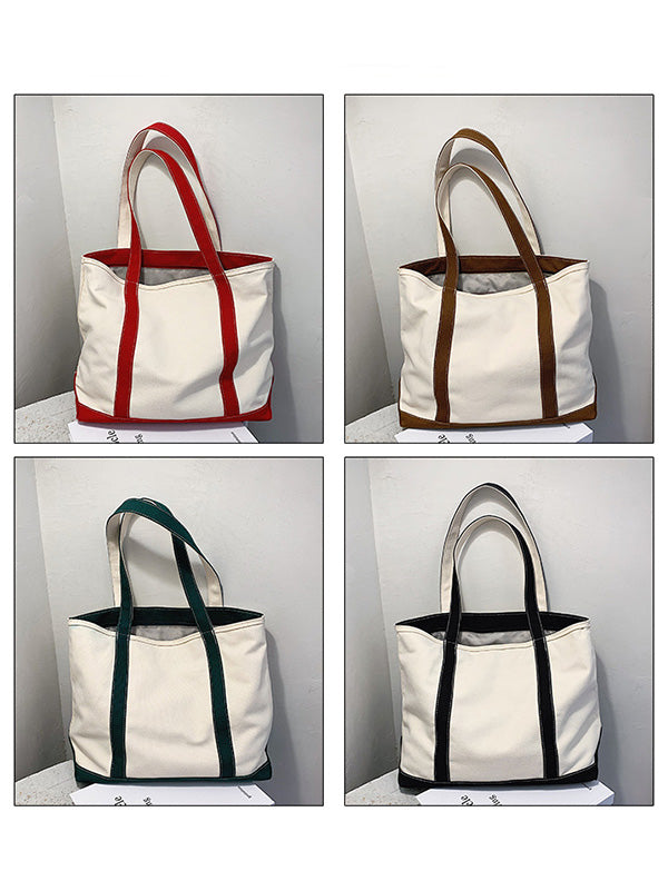 Simple Split-Joint Canvas Shoulder Bag Tote Bag