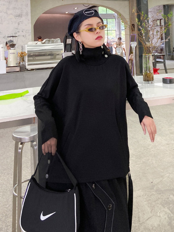 Stylish Selection Long Sleeves Buttoned Split-Side High-Neck Sweatshirt Tops