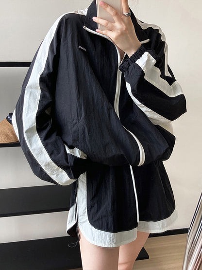 Original Casual Sports Sun-Protection Contrast Color Zipper Outwear&Shorts 2 Pieces Set