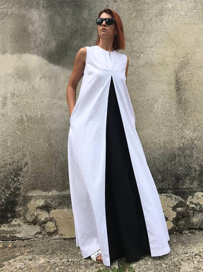 White&Black Split-joint Sleeveless Linen Long Dress