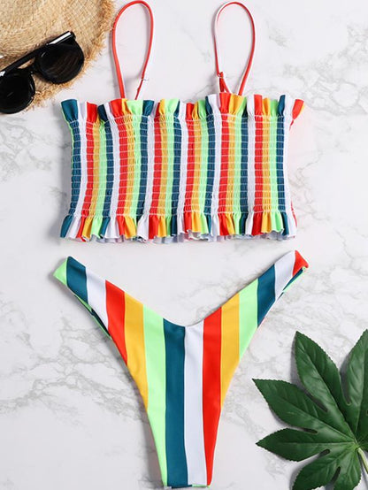 Striped Top Smocked Bikini Set