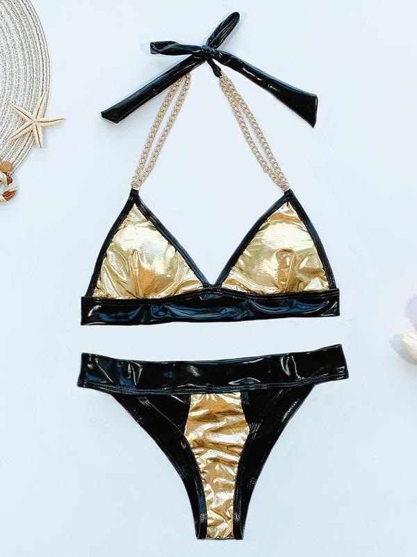 Wet Look Split-Joint Split Bikini Swimsuit