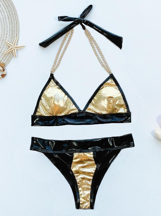 Wet Look Split-Joint Split Bikini Swimsuit