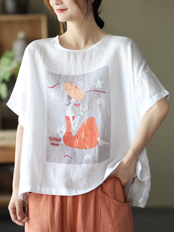 Ramie Cotton Printing Round-Neck T-Shirts Tops