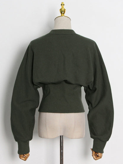 Simple Long Sleeves Green Split-Joint Sweatshirt Top