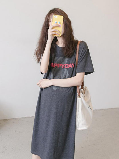 Maternity Printed Short Sleeves Round-neck Midi Dress