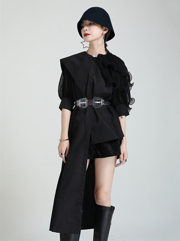 Stylish Irregular 4 Colors Split-Joint Pleated Mesh Falbala Buttoned Lapel Collar Bishop Sleeves Blouse