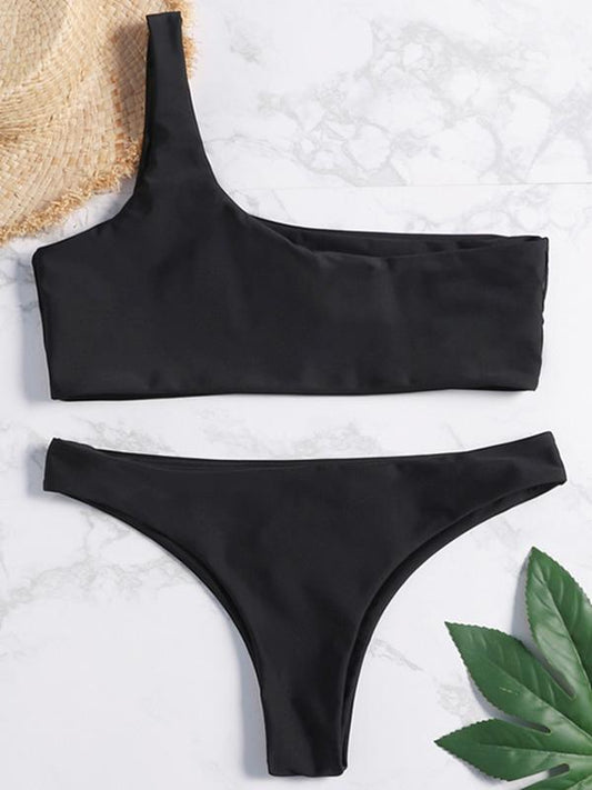 One Shoulder Plain Bikini Swimsuit