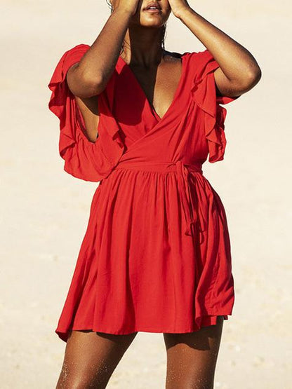 Deep V-neck Strap Solid Ruffled Cover-up Swimwear