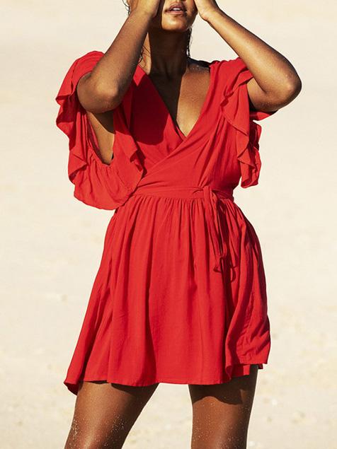 Deep V-neck Strap Solid Ruffled Cover-up Swimwear