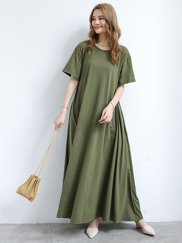 Simple Solid Color Oversized A-Line Round-Neck Short Sleeves Maxi Dress