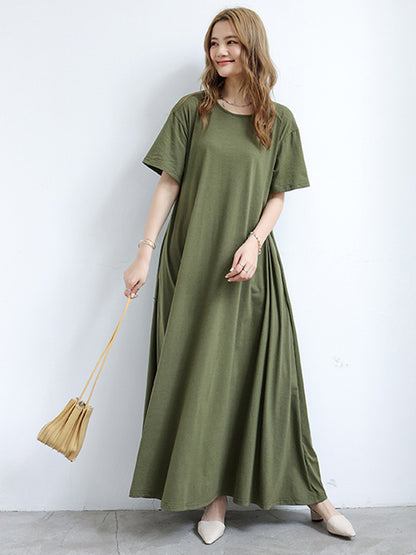 Simple Solid Color Oversized A-Line Round-Neck Short Sleeves Maxi Dress