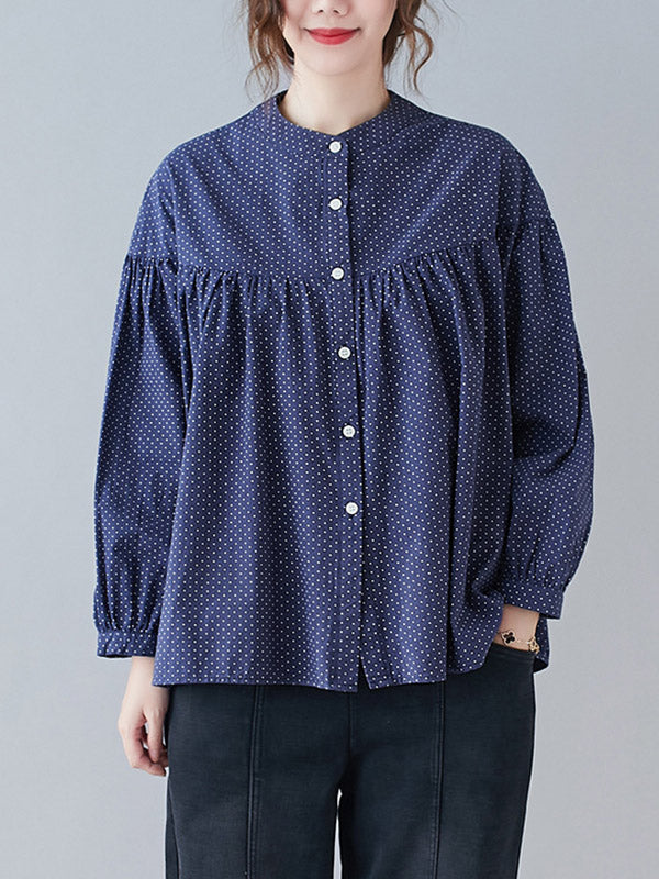 Casual Polka-Dot Buttoned Pleated Lapel Collar Long Sleeves Blouse
