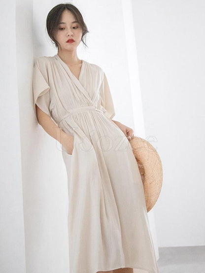 Loose Solid V-neck Bandage Cropped Midi Dress